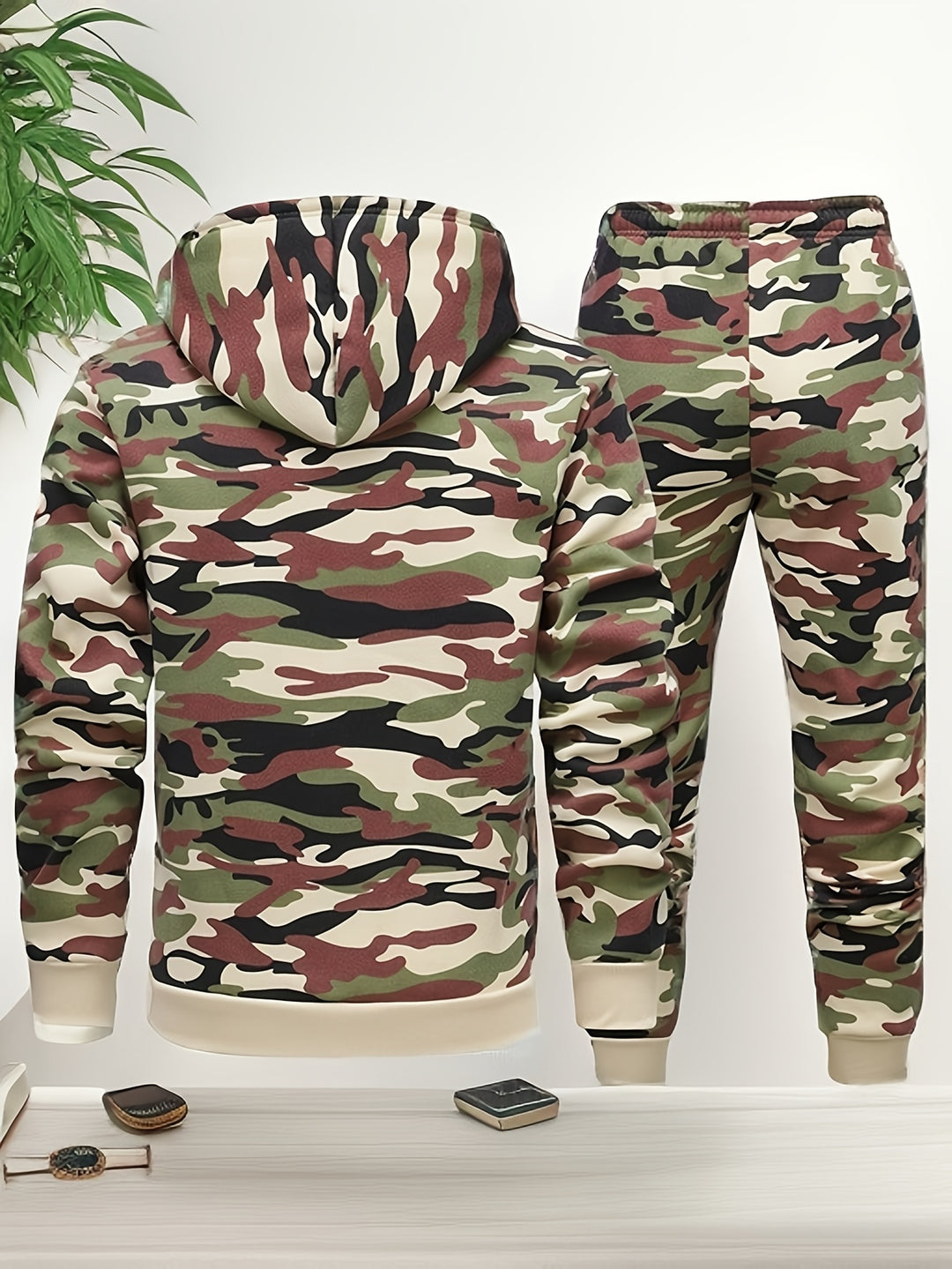 Herren Camouflage Kapuzenpulli und Sportanzug | Gestricktes Polyester | Lange Ärmel | Kordelzug am Bund