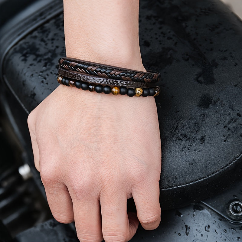Herrenarmband | Geflochtenes Kunstleder | Tigeraugenperlen | Modisch & mehrschichtig