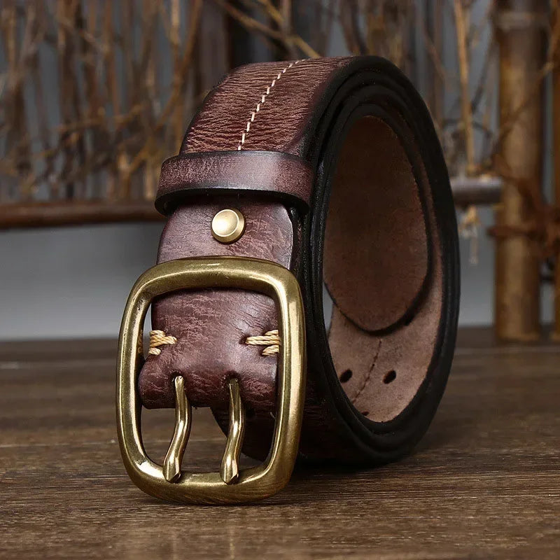 Herrengürtel | Echtes Rindsleder | Doppelte Messingschnalle | Retro & Robust