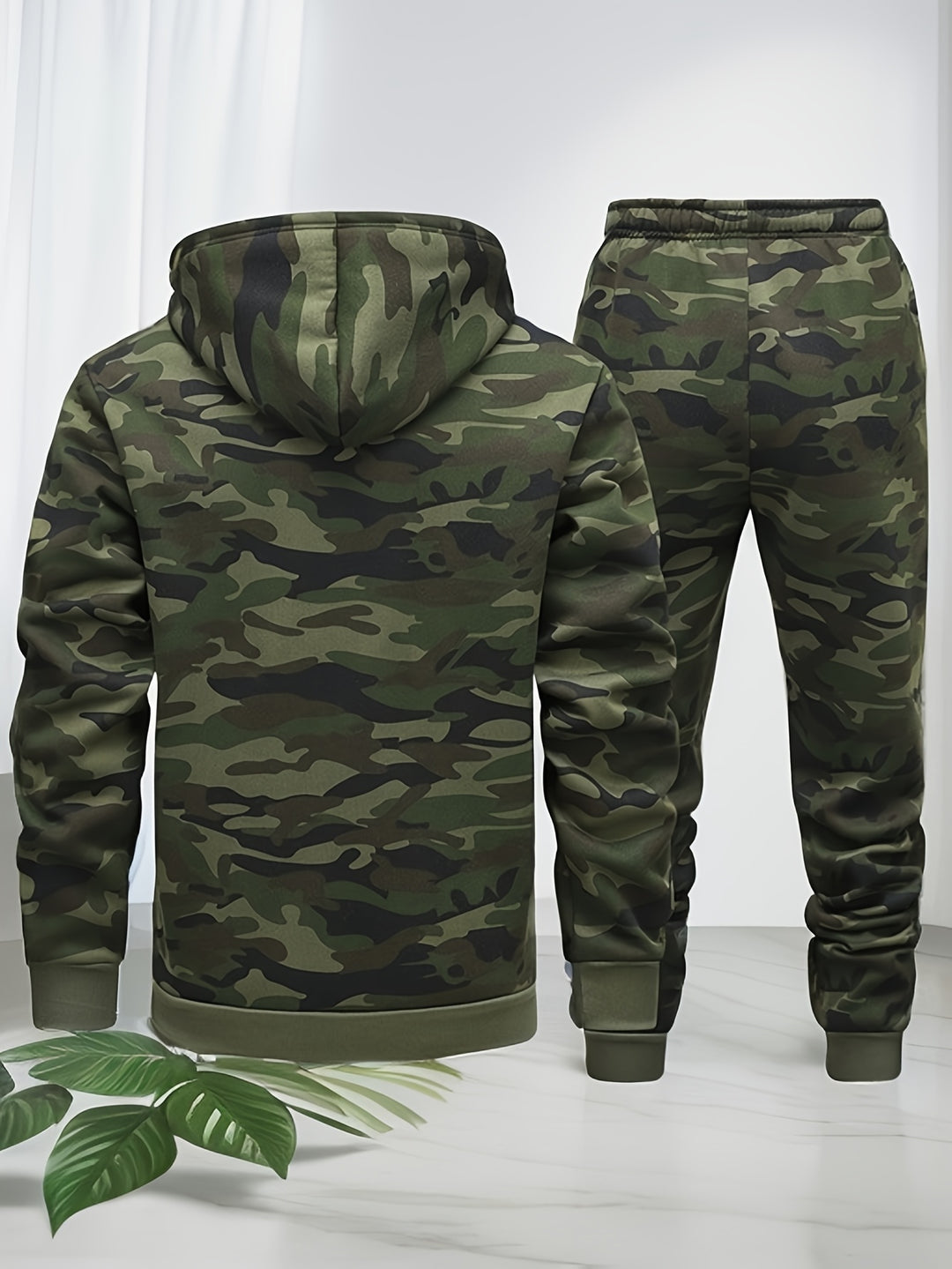 Herren Camouflage Kapuzenpulli und Sportanzug | Gestricktes Polyester | Lange Ärmel | Kordelzug am Bund