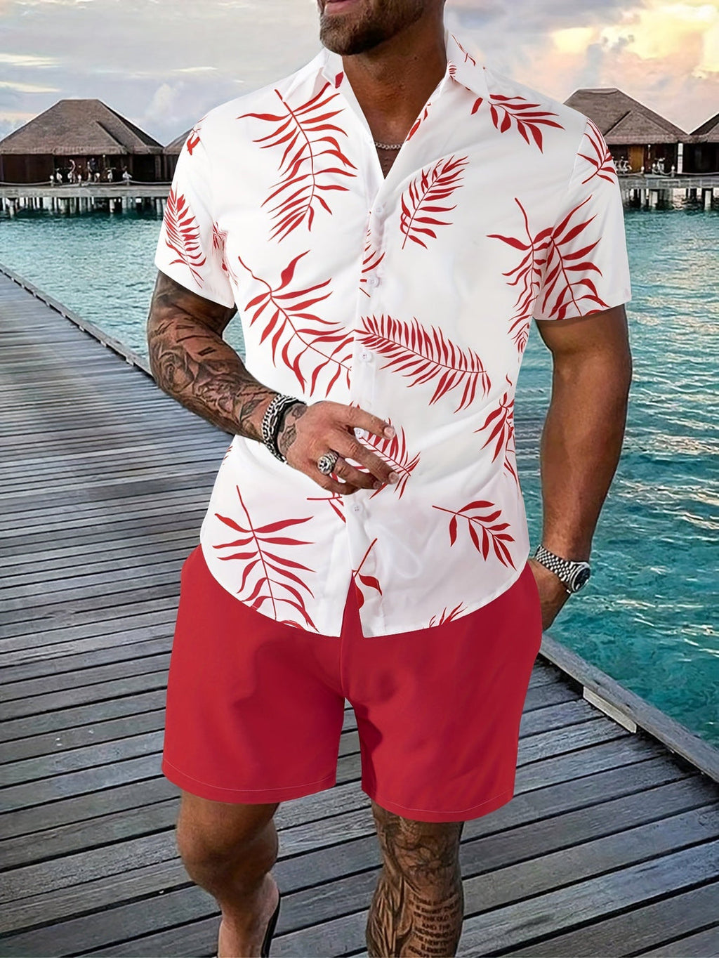Herren Sommer Set | Hemd mit Blattdruck & Short | Einzigartiges Design | Zweiteilig