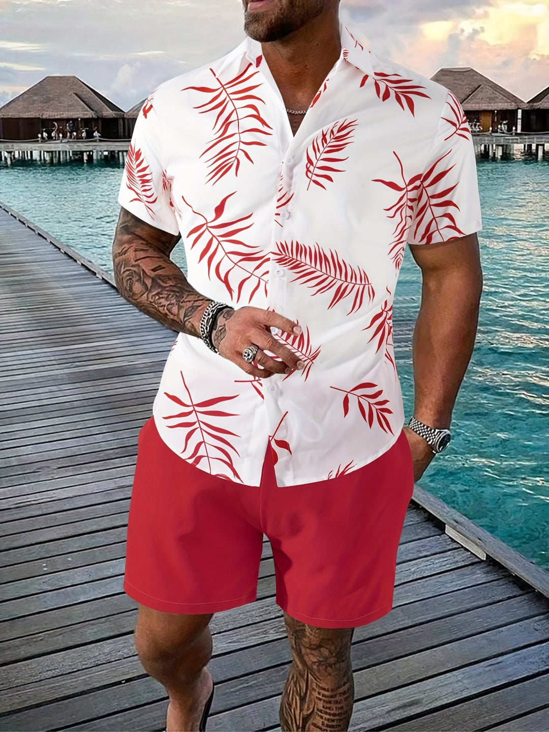 Herren Sommer Set | Hemd mit Blattdruck & Short | Einzigartiges Design | Zweiteilig