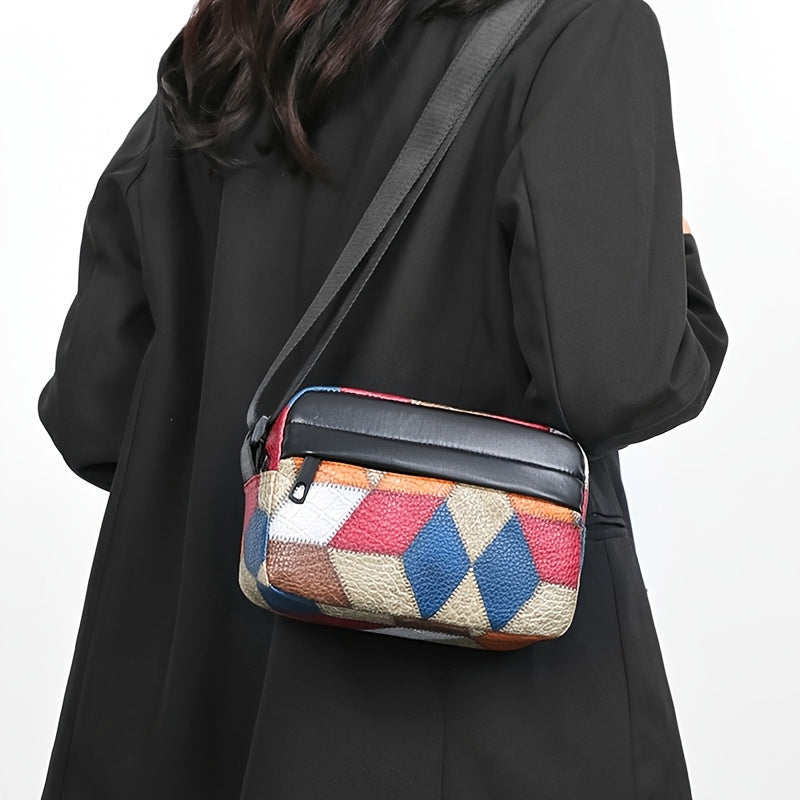 Herren Umhängetasche | Luxus Crossbody | Patchwork Plaid Design | Weiches PU Leder
