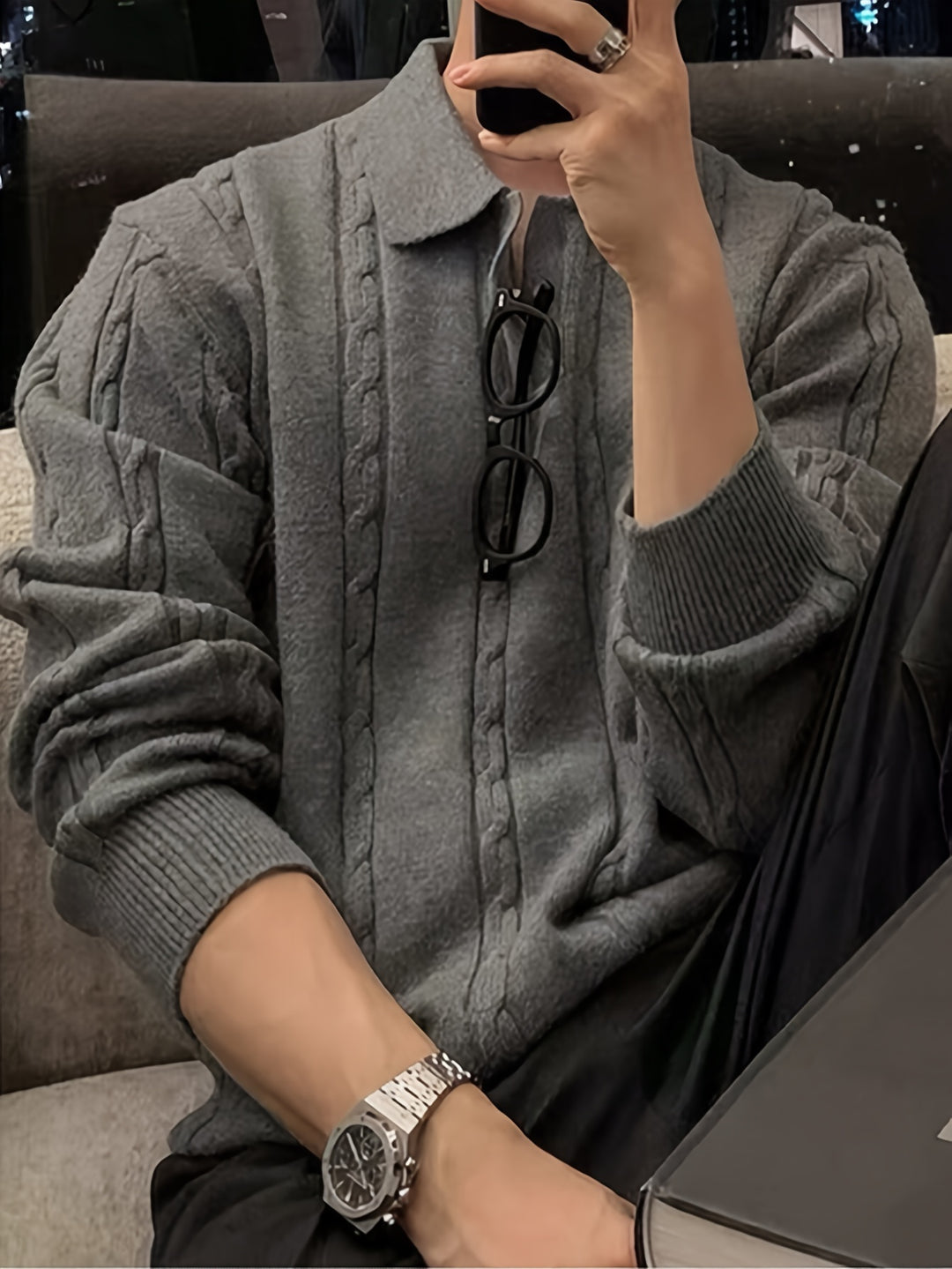 Stylischer und warmer Herren-Zopfstrickpullover mit Polokragen für Herbst und Winter | Nathan