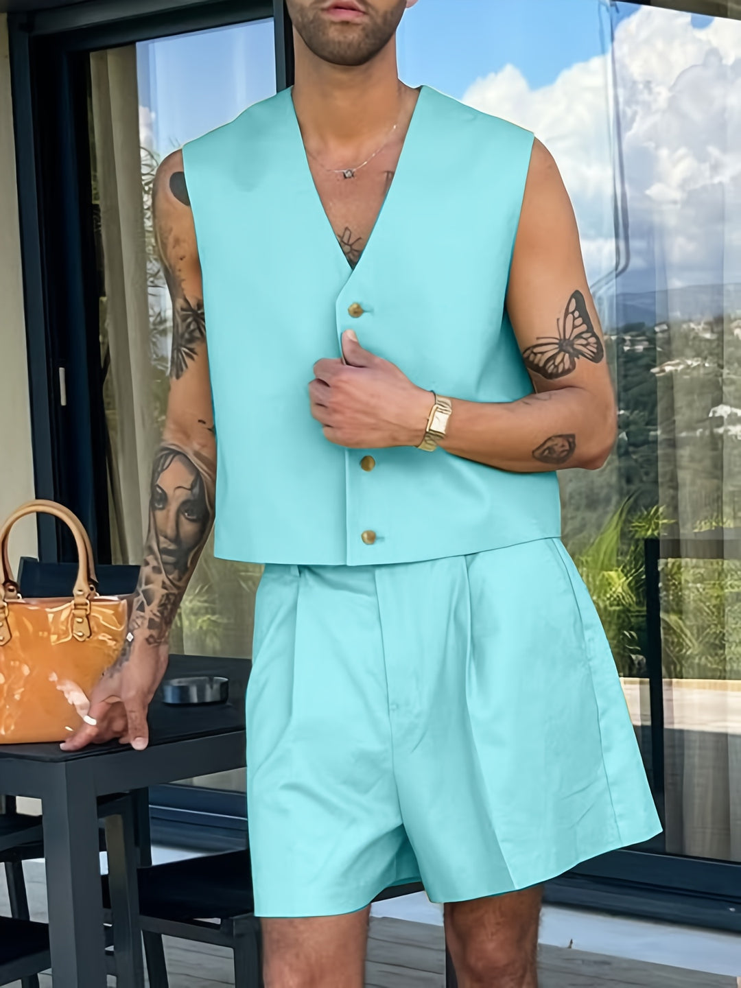 Herrenset | Ärmellose Weste mit V-Ausschnitt & Zip Shorts | Einreihiges Design & geknotete Taille | Sommerstil