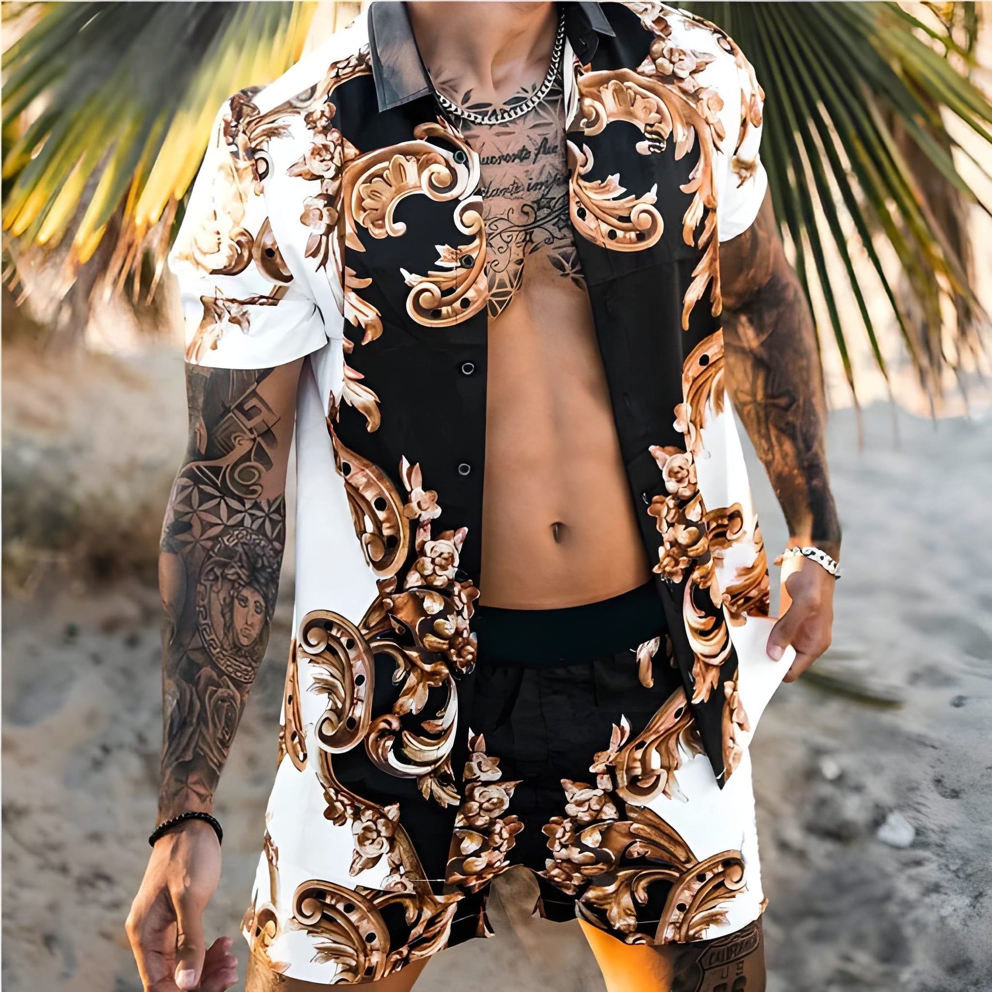 Herren-Sommer-Set | Hawaii-Hemd & Shorts | Zweiteiliges Strand-Set | Button-down & Druck