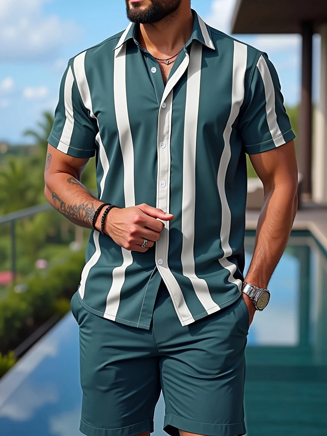 Herren-Sommer-Set | Streifendruck | Kurzarm-Shirt & Short | 2-teilig Polyester