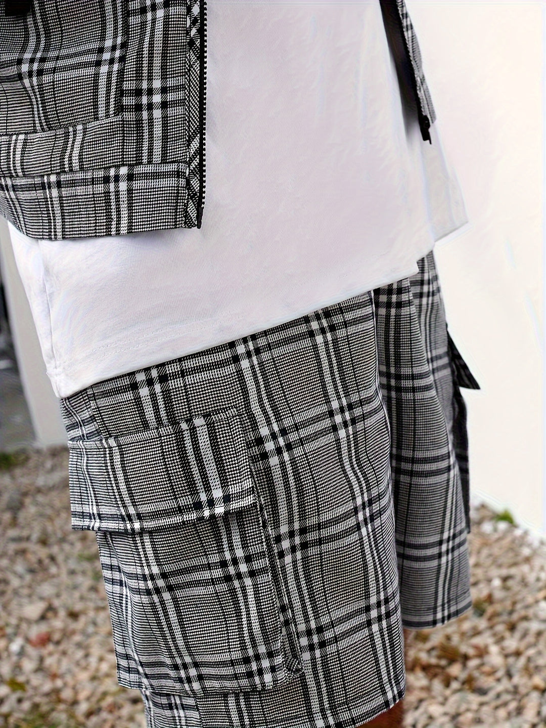Herrenset | Lässige karierte Weste & Shorts | Atmungsaktives Polyester | Sommermode mit Taschen