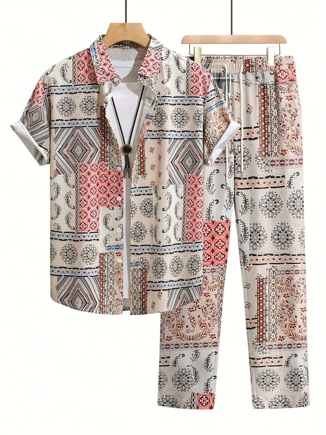 Herrenset | Geometrisches Muster 2-teiliges Set | Kurzarm-Shirt & Hose für den Sommer
