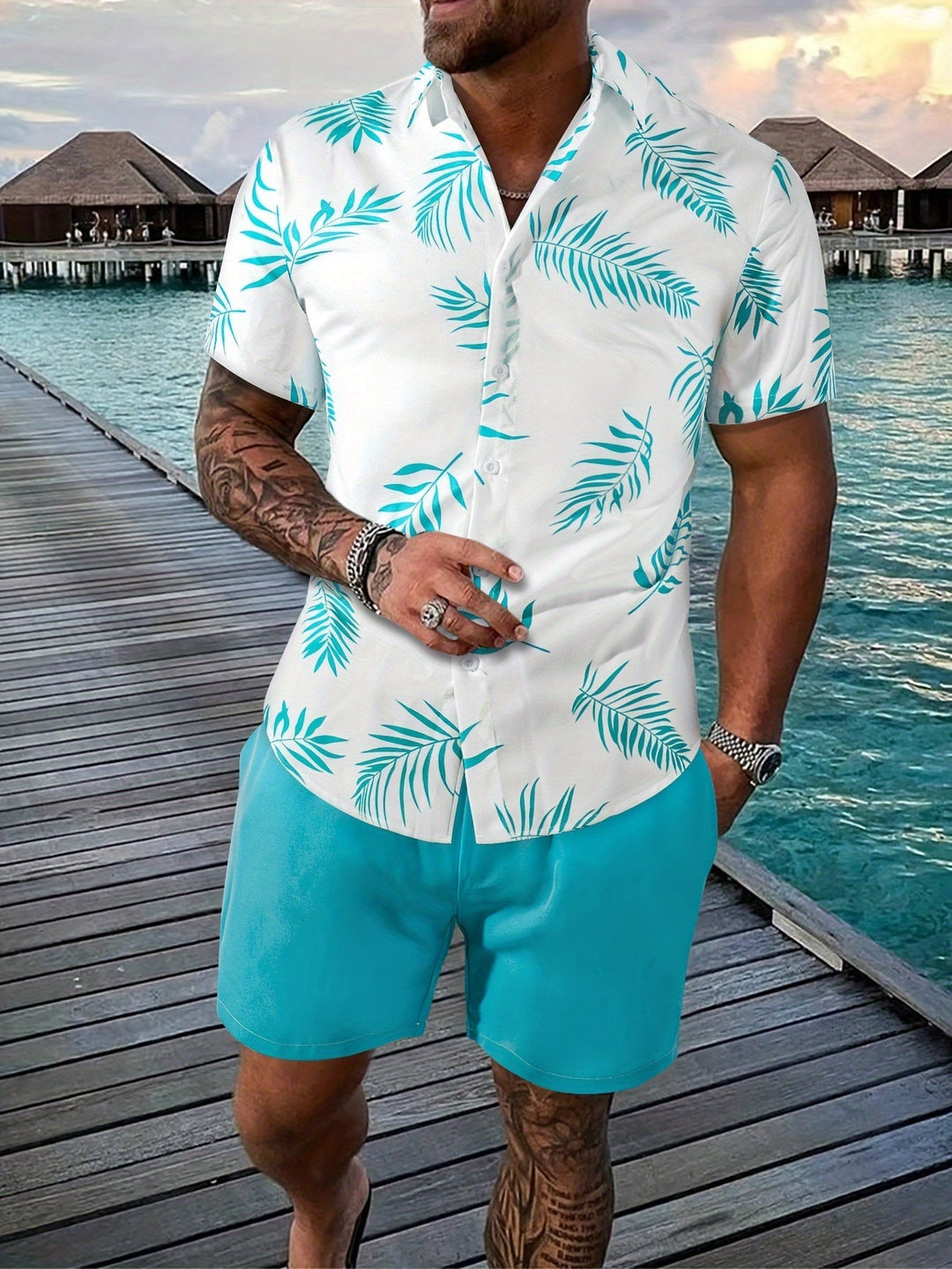 Herren Sommer Set | Hemd mit Blattdruck & Short | Einzigartiges Design | Zweiteilig