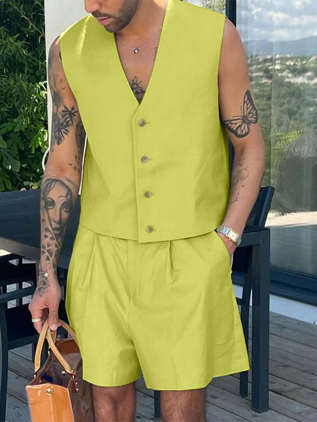 Herrenset | Ärmellose Weste mit V-Ausschnitt & Zip Shorts | Einreihiges Design & geknotete Taille | Sommerstil