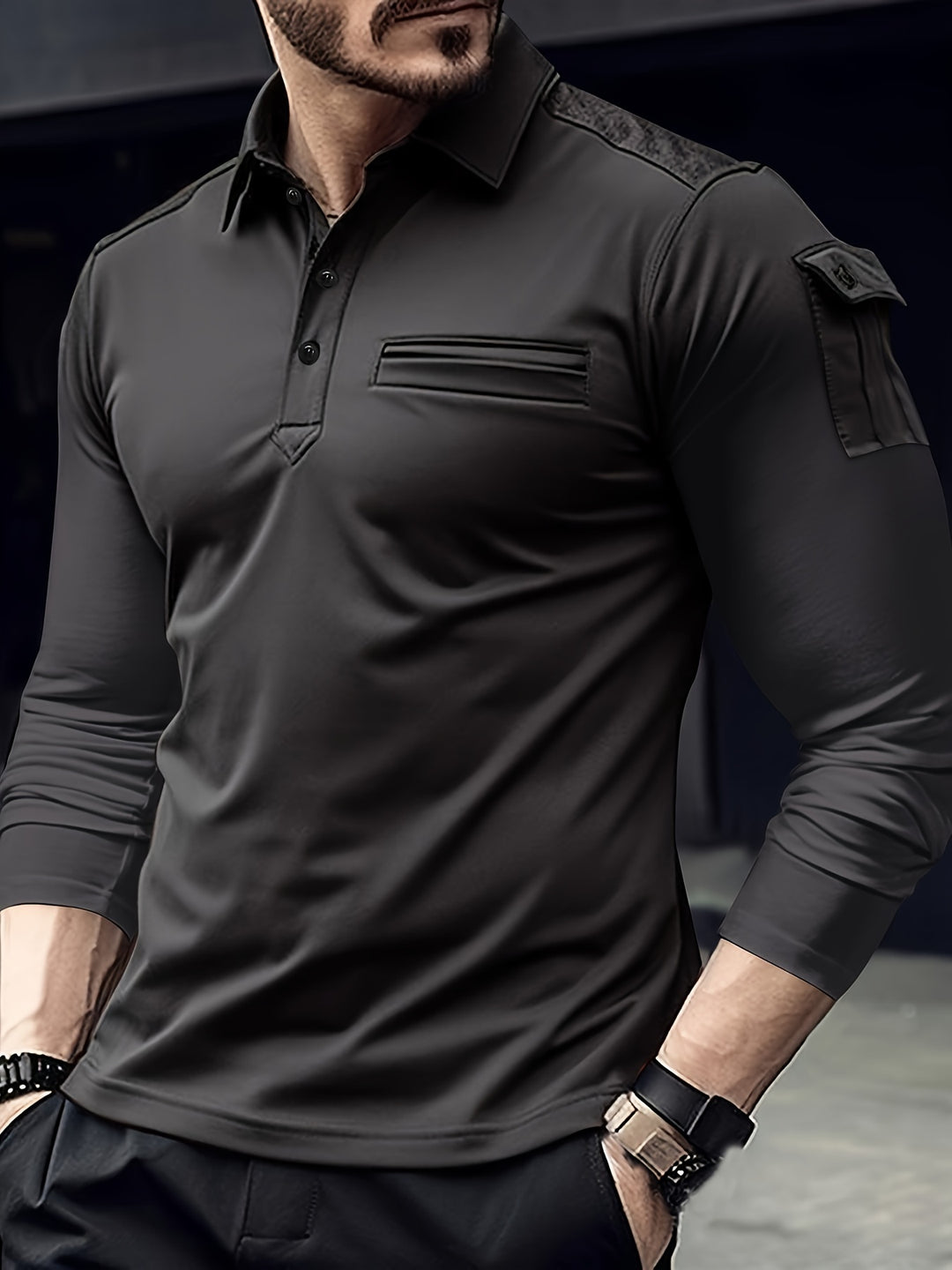 Herren Freizeithemd | Armtaschen & Schulteraufnäher | Lange Ärmel & Stretchgewebe für Outdoor-Sportarten