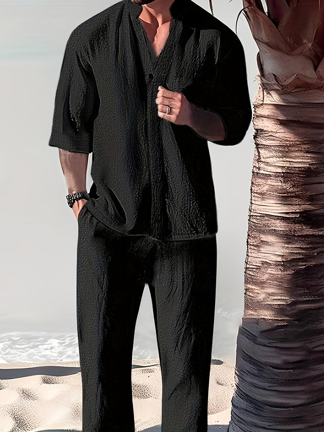 Herrenset | Stehkragen & passende Hose | Relaxed Fit | Sommer Casual