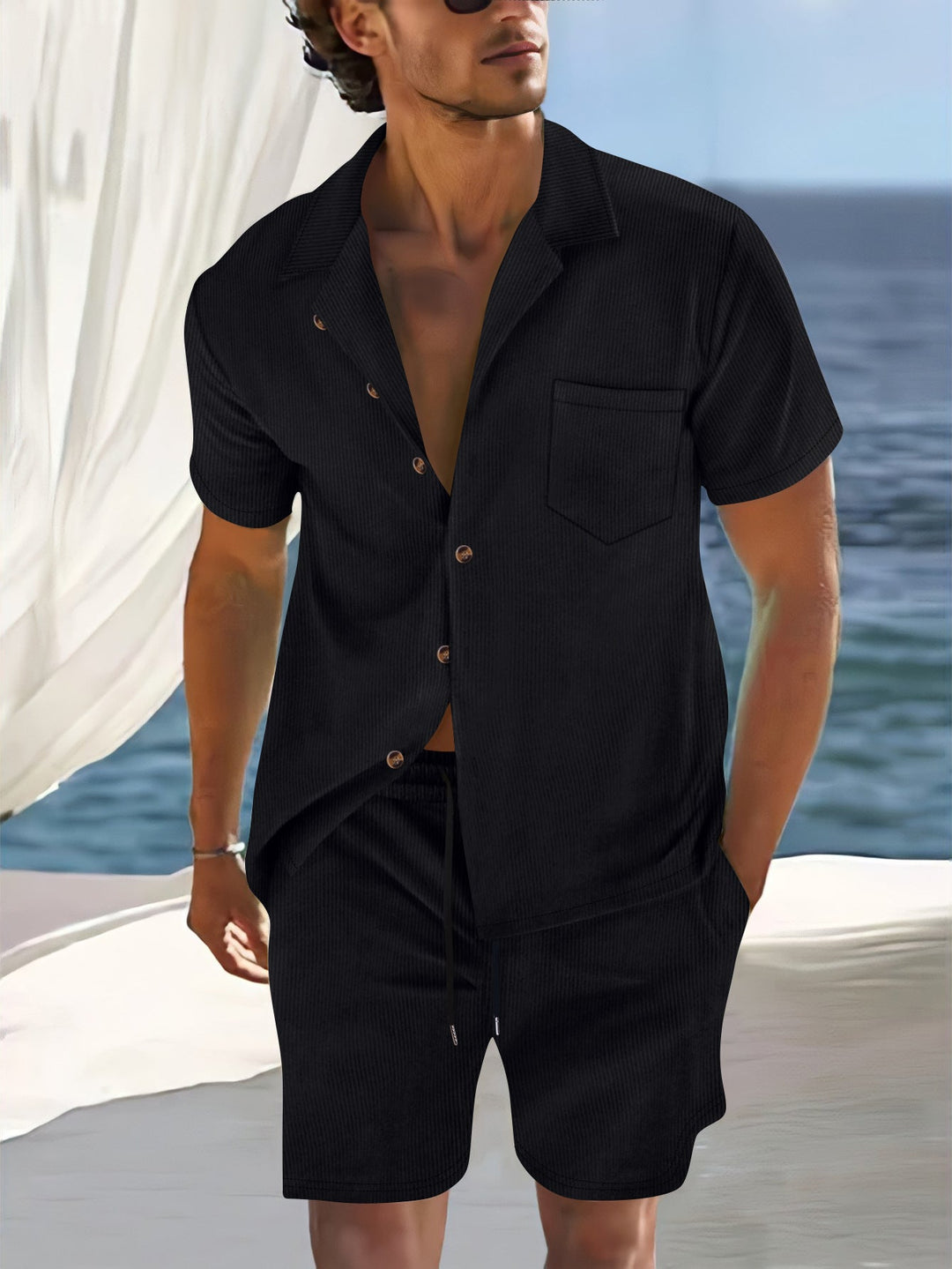 Herren-Sommer-Set | Leinenoptik | Hemd & Shorts | Atmungsaktiv & strandtauglich