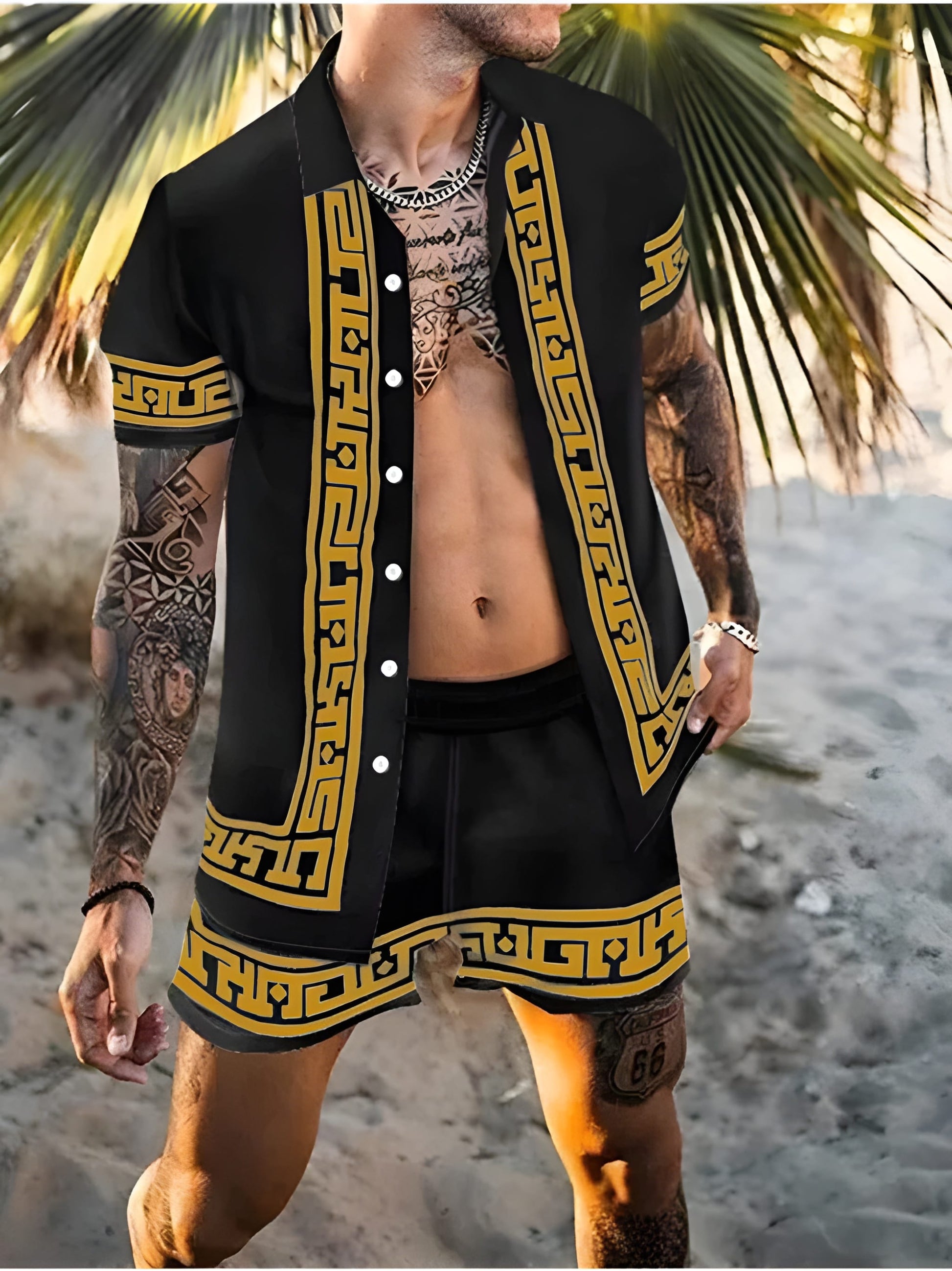 Herren-Sommer-Set | Hawaii-Hemd & Shorts | Zweiteiliges Strand-Set | Button-down & Druck