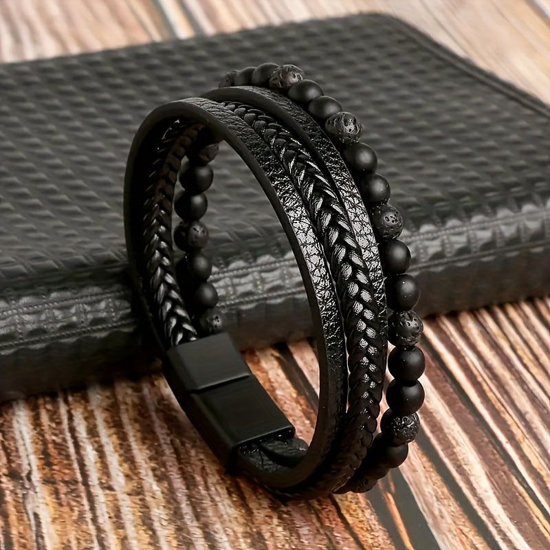 Herrenarmband | Geflochtenes Kunstleder | Tigeraugenperlen | Modisch & mehrschichtig