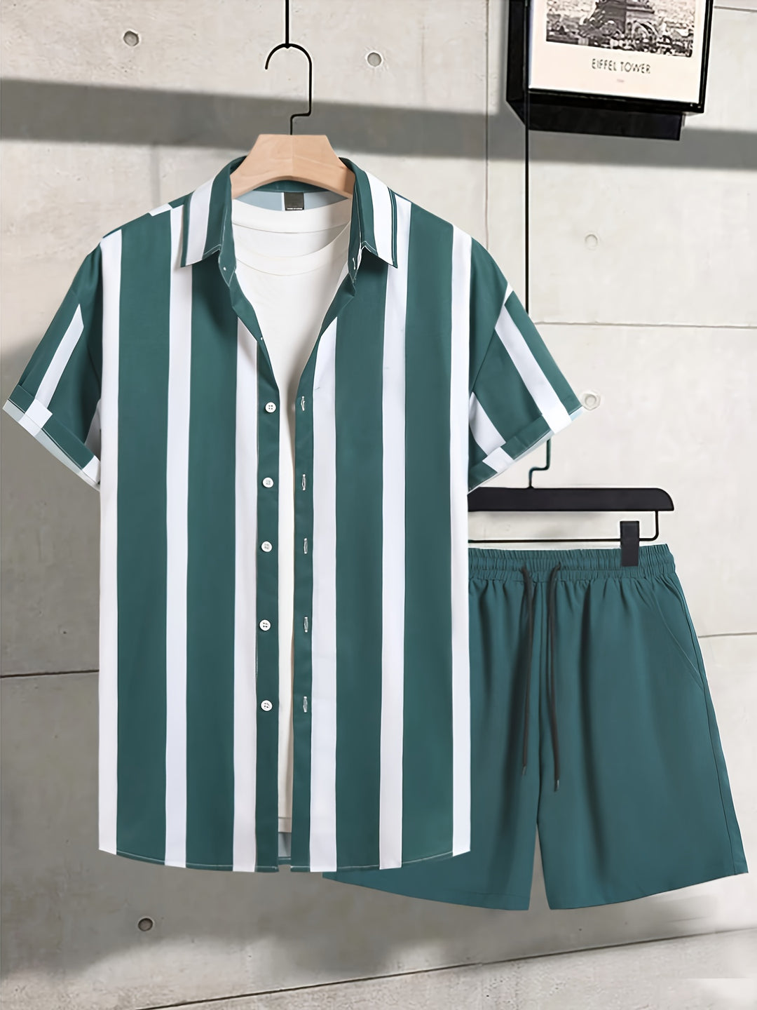 Herren-Sommer-Set | Streifendruck | Kurzarm-Shirt & Short | 2-teilig Polyester