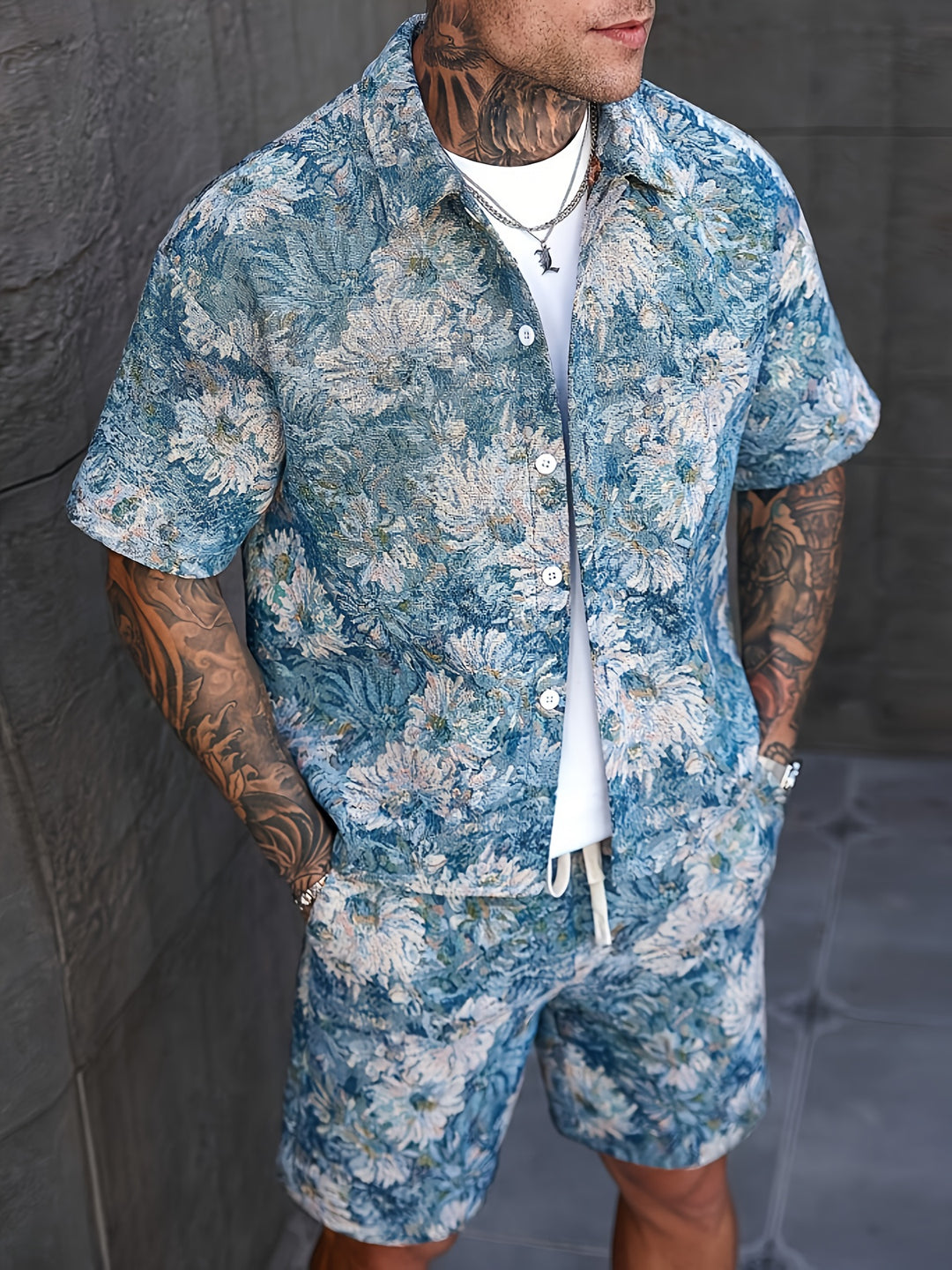 Herrenset | Hemd & Shorts mit Blumenmuster | Kurzarm & lockere Passform | Sommer Casual