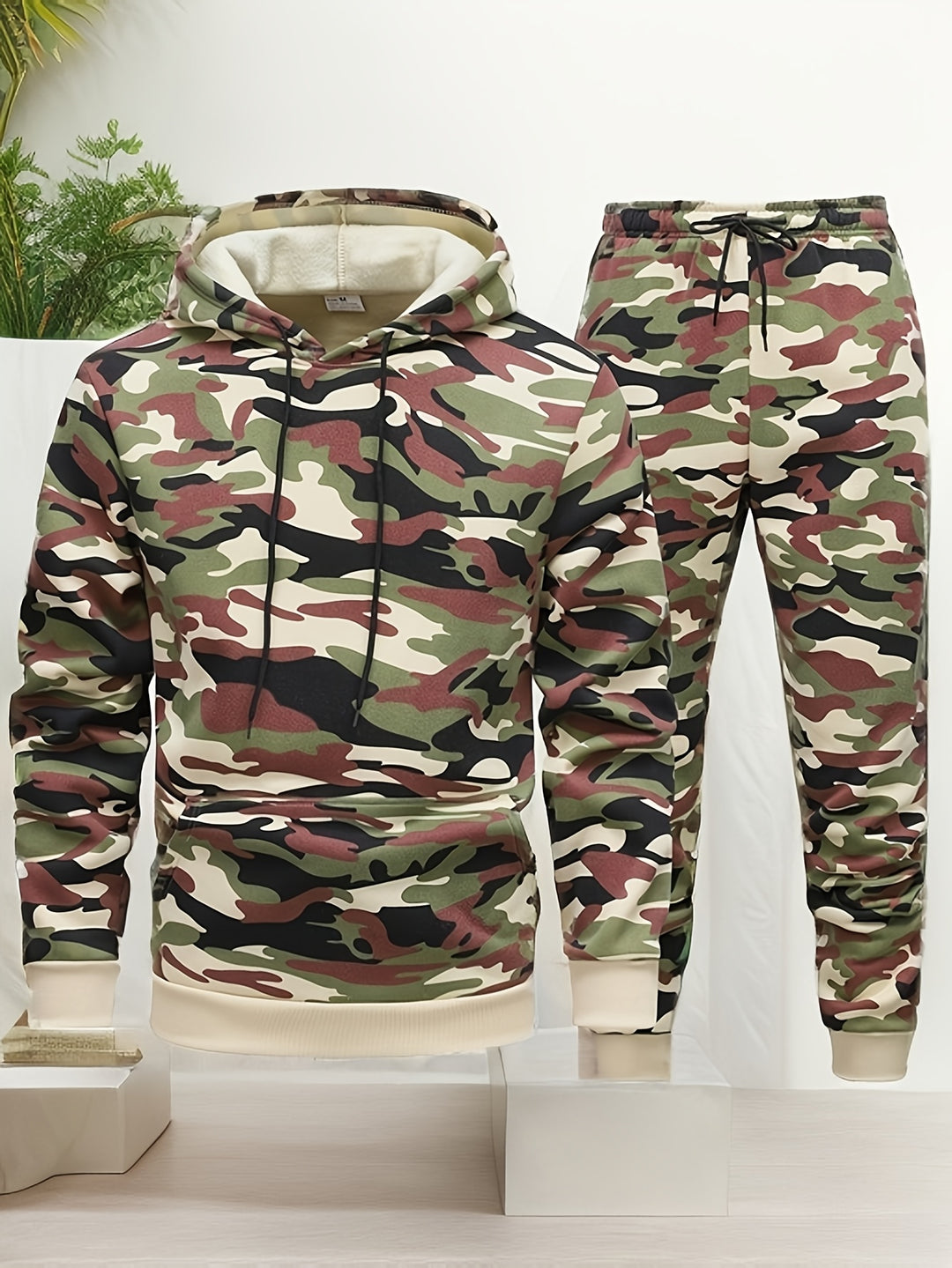 Herren Camouflage Kapuzenpulli und Sportanzug | Gestricktes Polyester | Lange Ärmel | Kordelzug am Bund