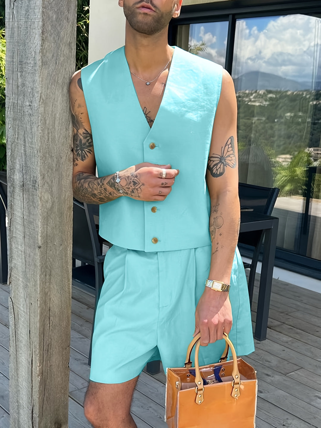 Herrenset | Ärmellose Weste mit V-Ausschnitt & Zip Shorts | Einreihiges Design & geknotete Taille | Sommerstil