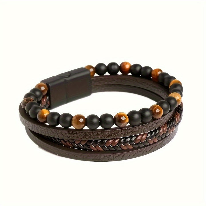 Herrenarmband | Geflochtenes Kunstleder | Tigeraugenperlen | Modisch & mehrschichtig