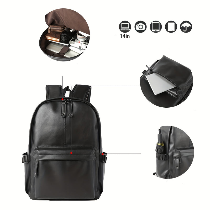 Herrenrucksack | Leichtgewicht & verstellbarer Riemen | Lässige Schul- & Reisetasche | PU Leder - Schwarz