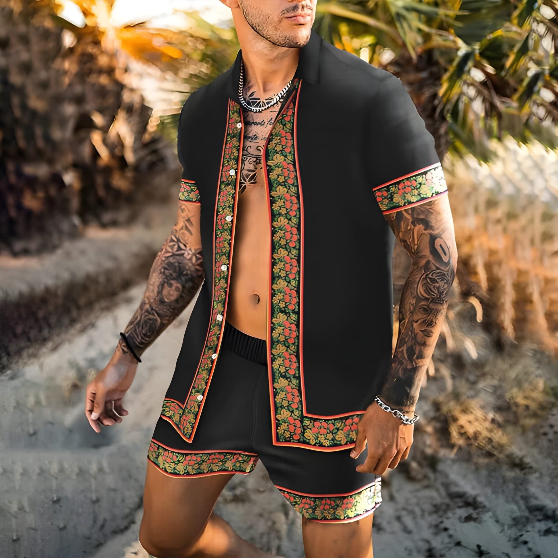 Herren-Sommer-Set | Hawaii-Hemd & Shorts | Zweiteiliges Strand-Set | Button-down & Druck