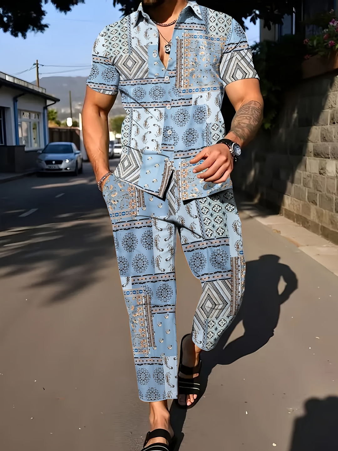 Herrenset | Geometrisches Muster 2-teiliges Set | Kurzarm-Shirt & Hose für den Sommer