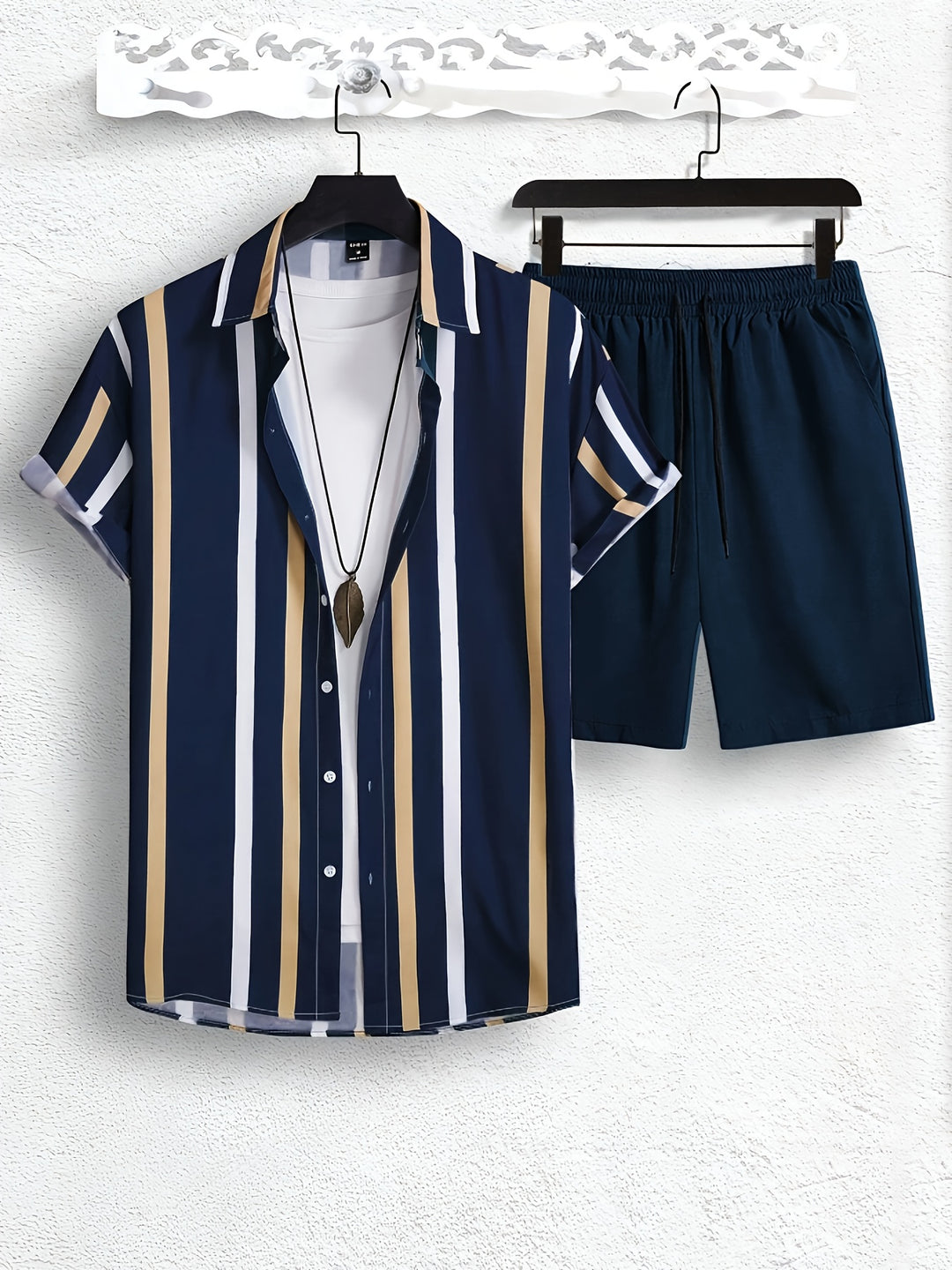 Herren-Sommer-Set | Streifendruck | Kurzarm-Shirt & Short | 2-teilig Polyester