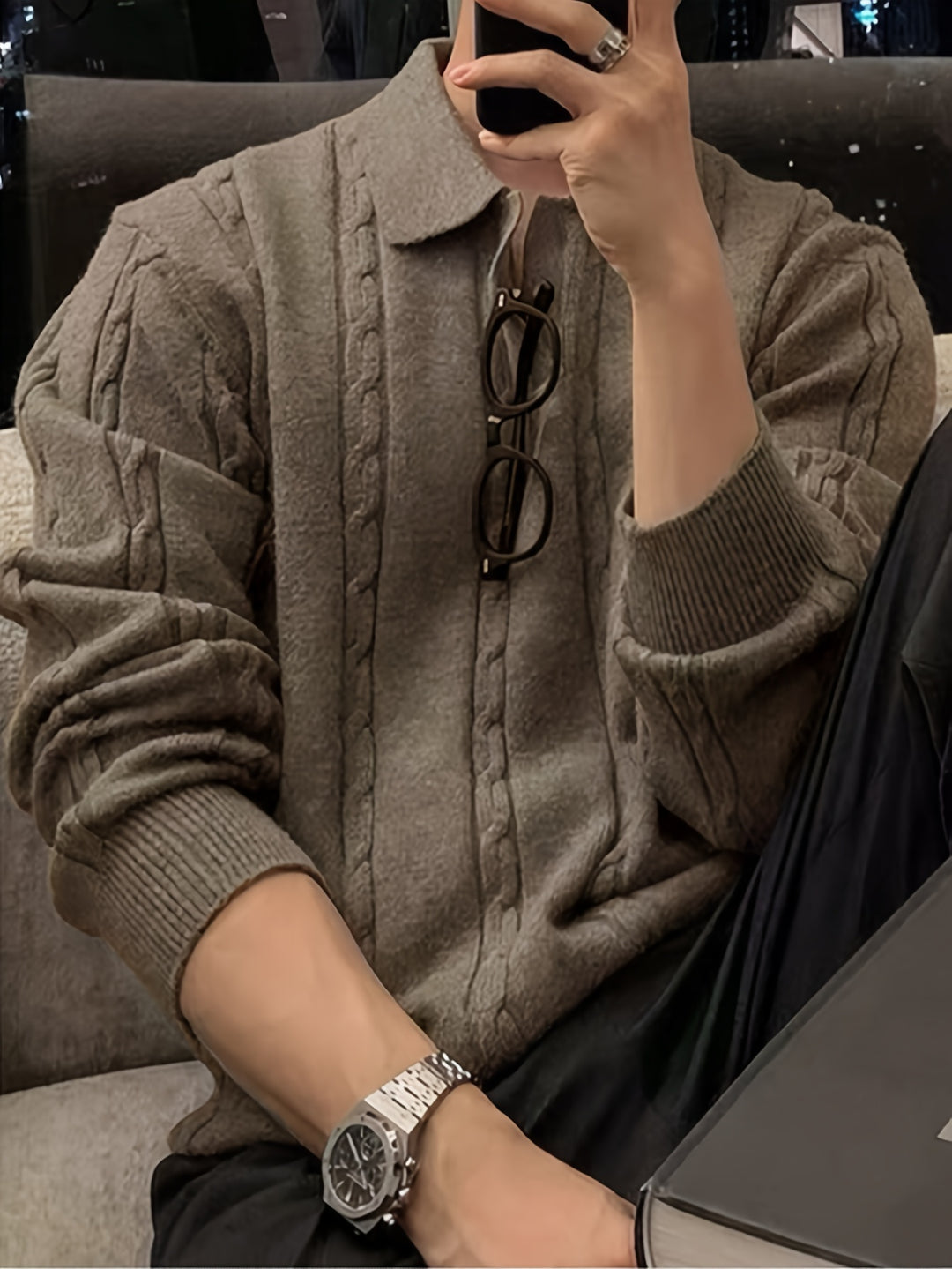 Stylischer und warmer Herren-Zopfstrickpullover mit Polokragen für Herbst und Winter | Nathan