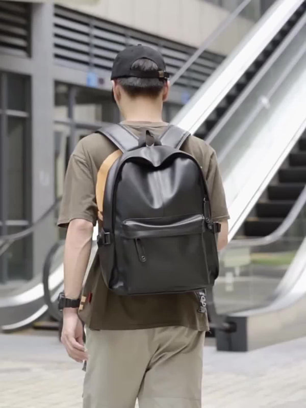 Herrenrucksack | Leichtgewicht & verstellbarer Riemen | Lässige Schul- & Reisetasche | PU Leder - Schwarz