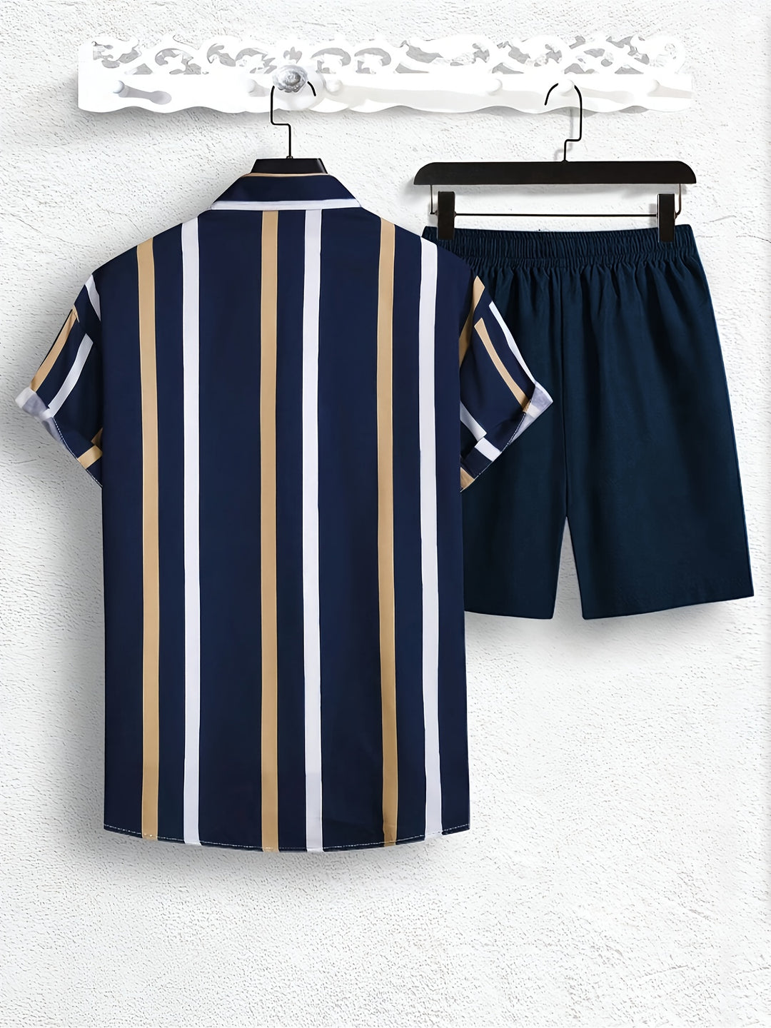 Herren-Sommer-Set | Streifendruck | Kurzarm-Shirt & Short | 2-teilig Polyester