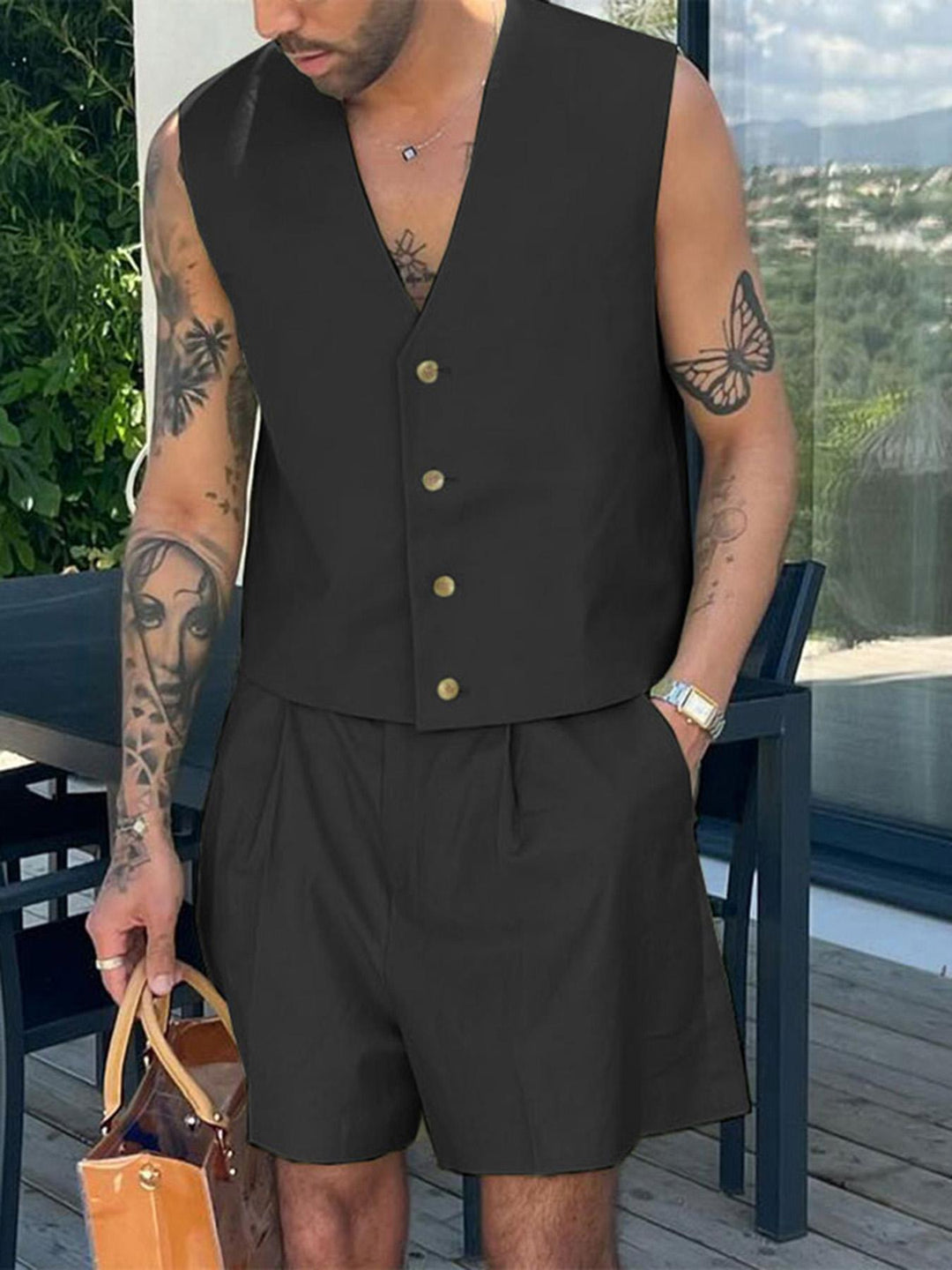 Herrenset | Ärmellose Weste mit V-Ausschnitt & Zip Shorts | Einreihiges Design & geknotete Taille | Sommerstil