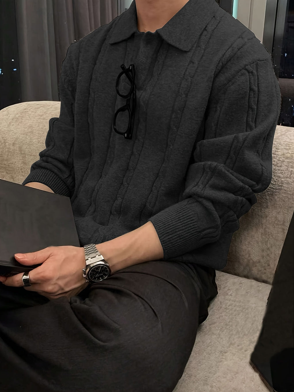 Stylischer und warmer Herren-Zopfstrickpullover mit Polokragen für Herbst und Winter | Nathan
