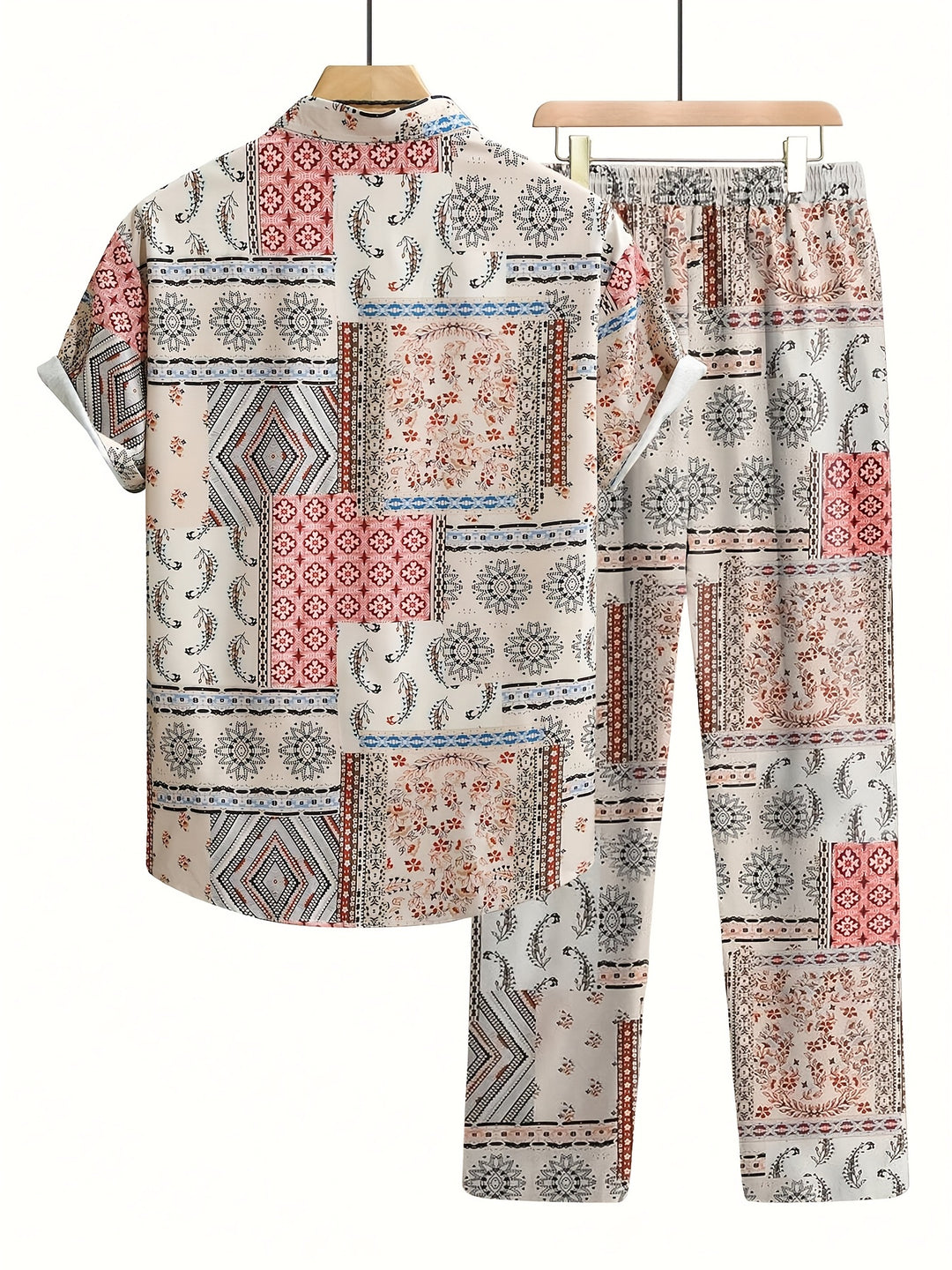 Herrenset | Geometrisches Muster 2-teiliges Set | Kurzarm-Shirt & Hose für den Sommer