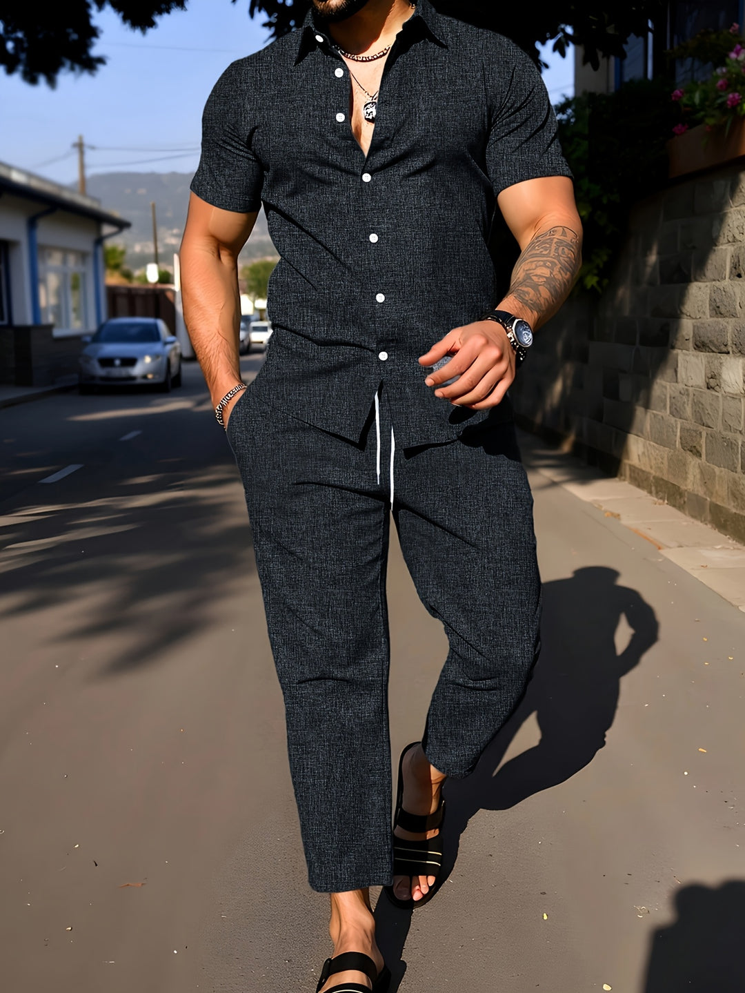 Herrenset | Unifarbenes Hemd mit Revers & Lange Hose | Sommerliches Freizeitoutfit