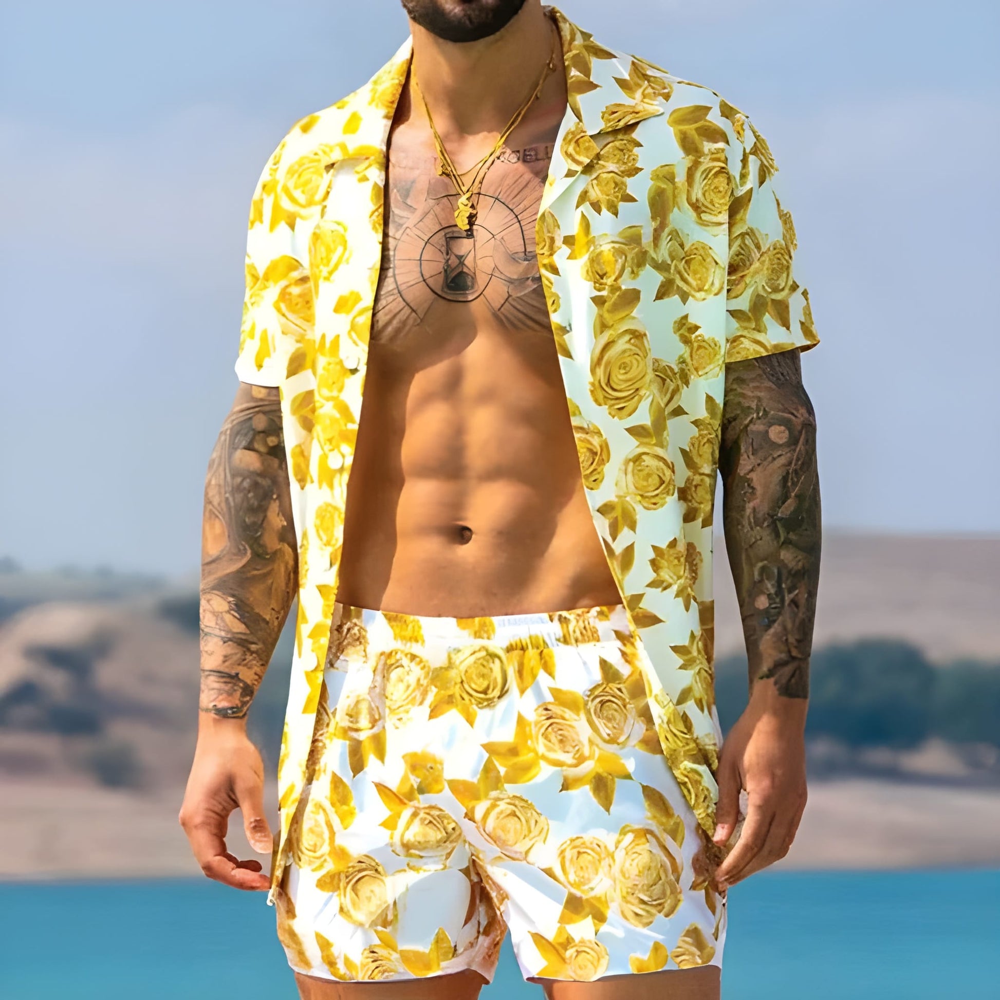 Herren-Sommer-Set | Hawaii-Hemd & Shorts | Zweiteiliges Strand-Set | Button-down & Druck
