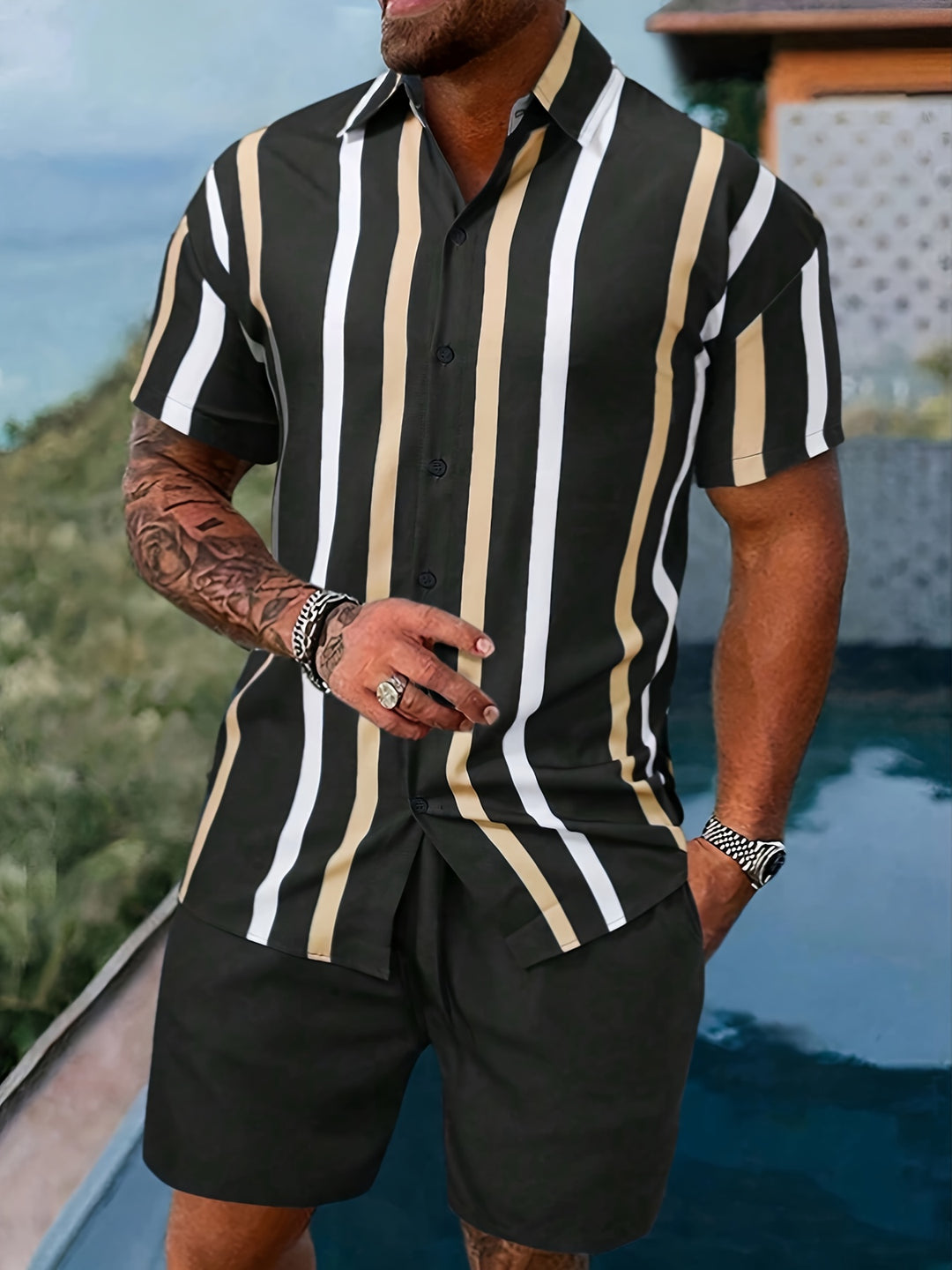 Herren-Sommer-Set | Streifendruck | Kurzarm-Shirt & Short | 2-teilig Polyester
