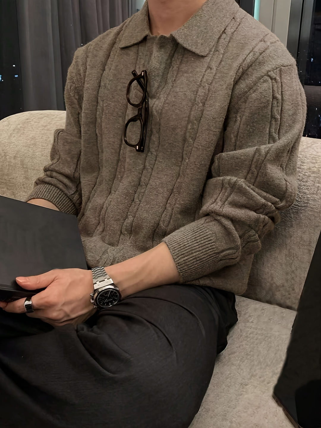 Stylischer und warmer Herren-Zopfstrickpullover mit Polokragen für Herbst und Winter | Nathan