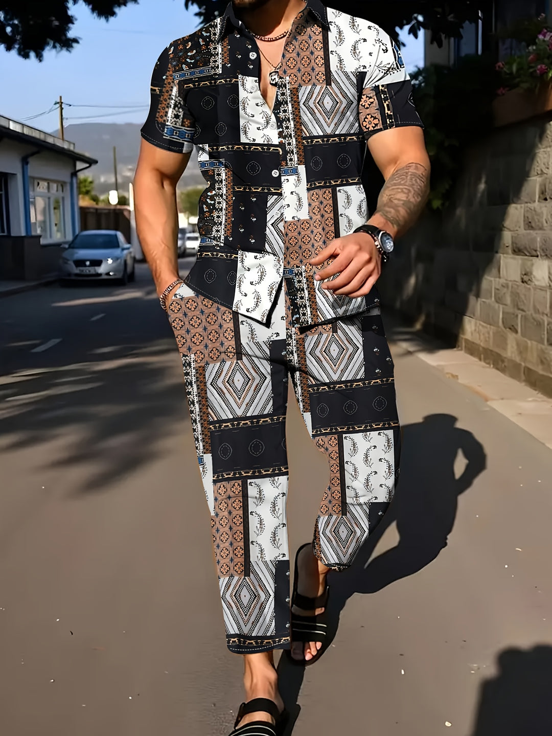 Herrenset | Geometrisches Muster 2-teiliges Set | Kurzarm-Shirt & Hose für den Sommer