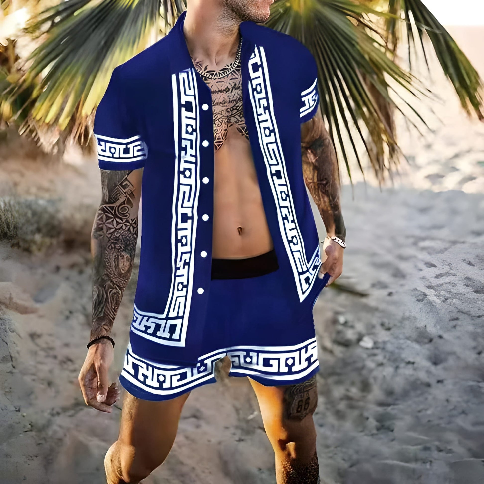 Herren-Sommer-Set | Hawaii-Hemd & Shorts | Zweiteiliges Strand-Set | Button-down & Druck