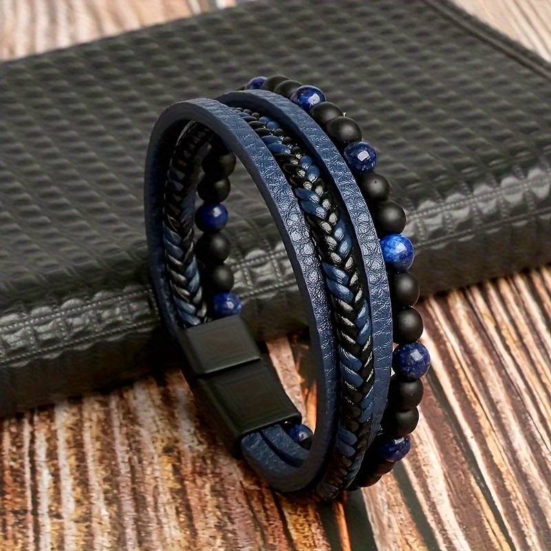 Herrenarmband | Geflochtenes Kunstleder | Tigeraugenperlen | Modisch & mehrschichtig