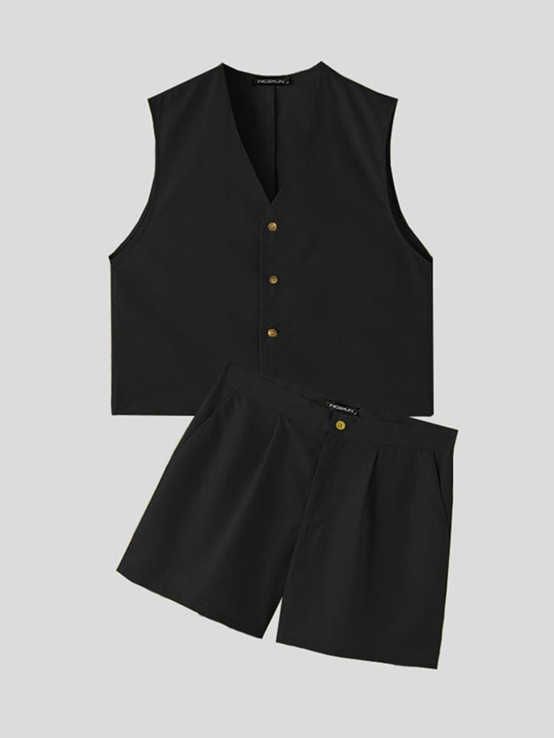Herrenset | Ärmellose Weste mit V-Ausschnitt & Zip Shorts | Einreihiges Design & geknotete Taille | Sommerstil