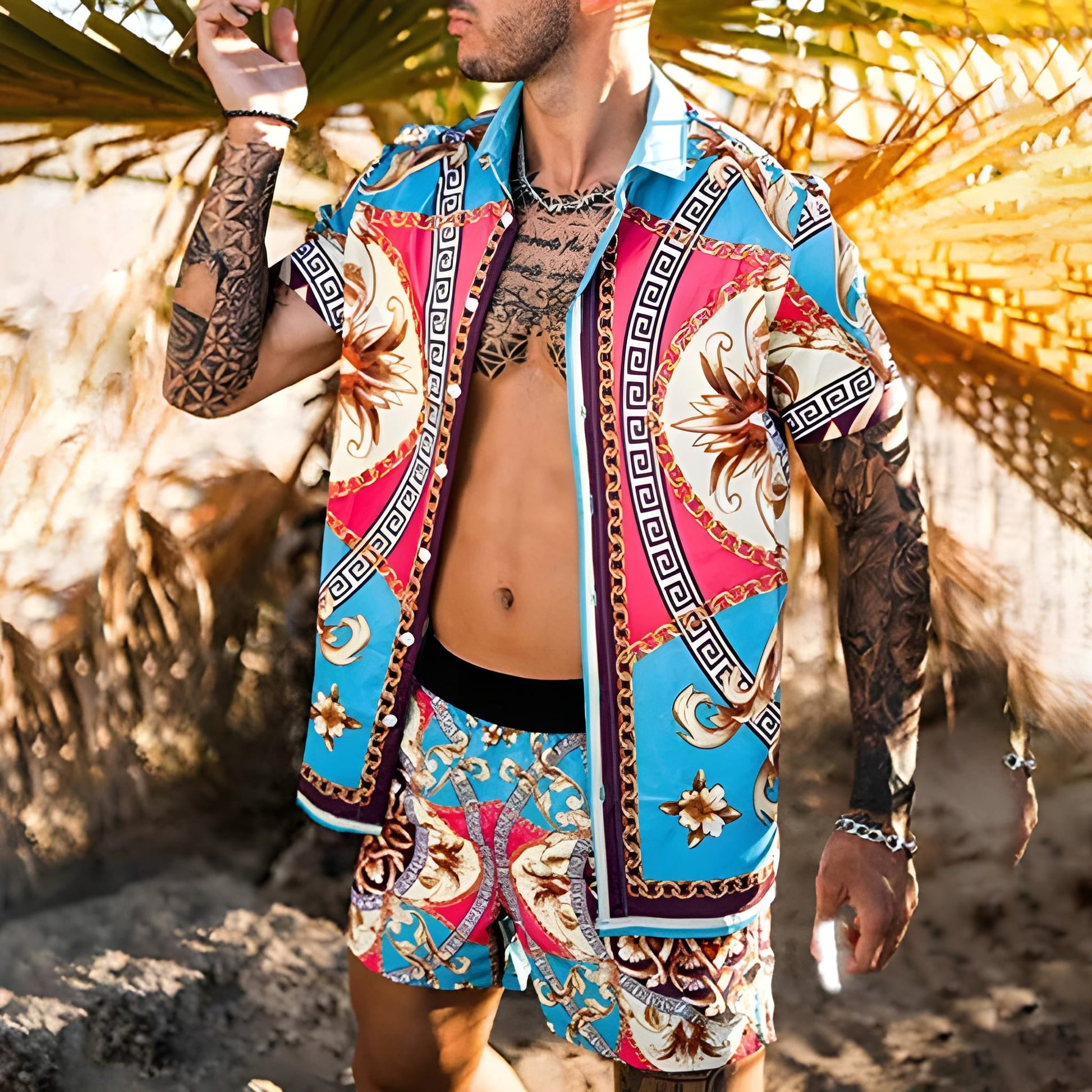 Herren-Sommer-Set | Hawaii-Hemd & Shorts | Zweiteiliges Strand-Set | Button-down & Druck