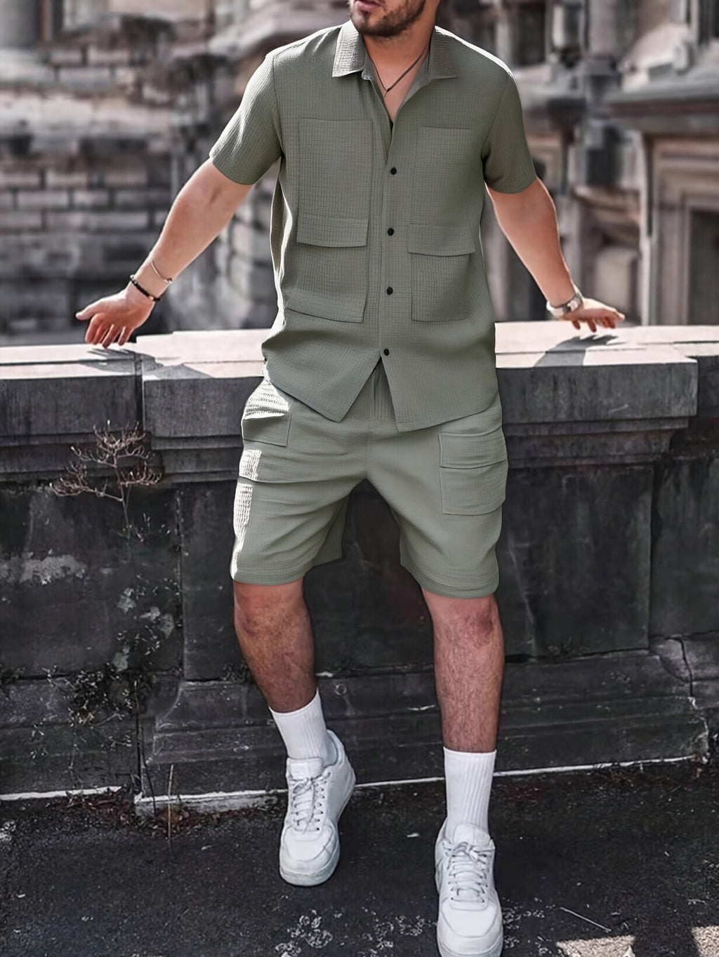 Herrenset | Lässiges Hemd & Shorts mit Seitentaschen | Lockere Passform & Polyester | Sommer