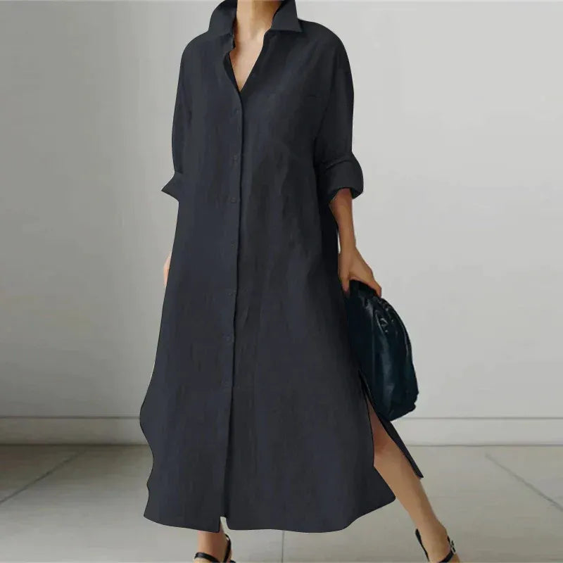 Damen - Lässiges kleid mit Knopfleiste - Baumwoll - Bequemes langes Kleid für jeden Anlass