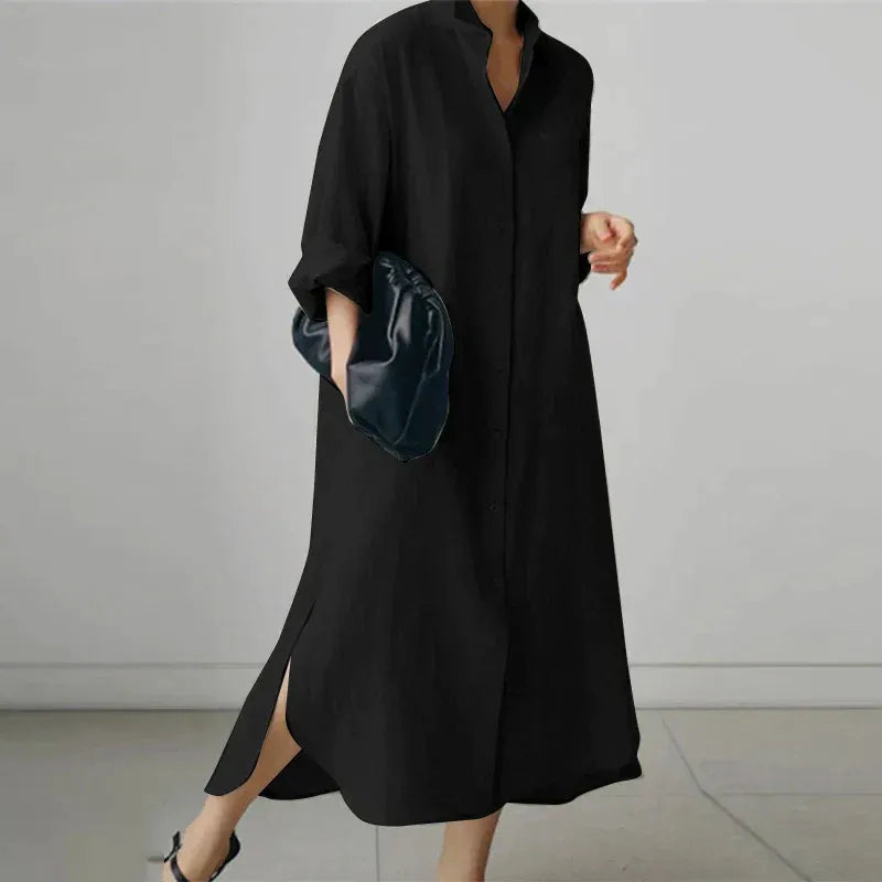 Damen - Lässiges kleid mit Knopfleiste - Baumwoll - Bequemes langes Kleid für jeden Anlass