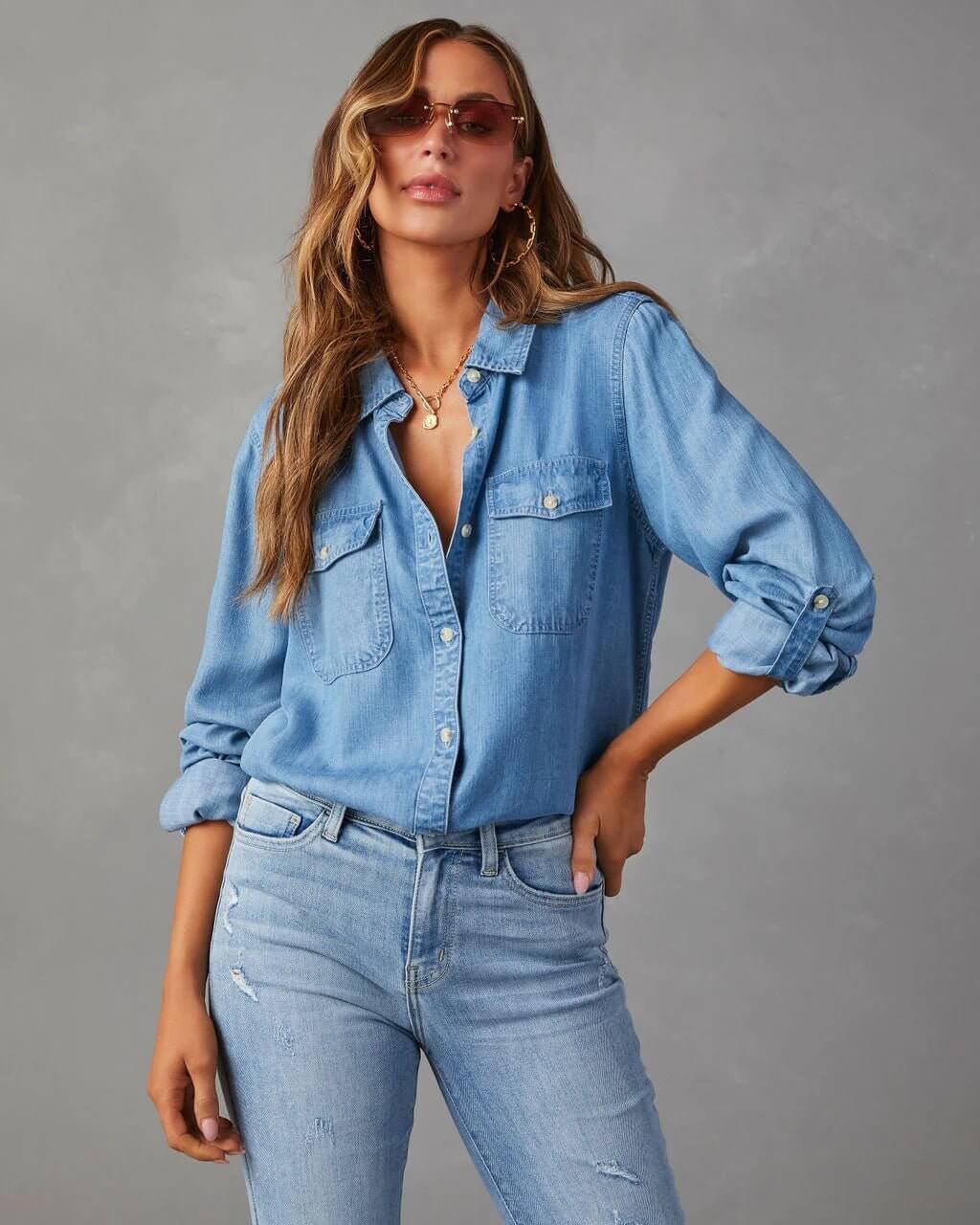 Damen - Hemd mit lockerer Passform - Denim - Lässiger Stil & Bequemer Komfort - Ideal für Alltag und Freizeit