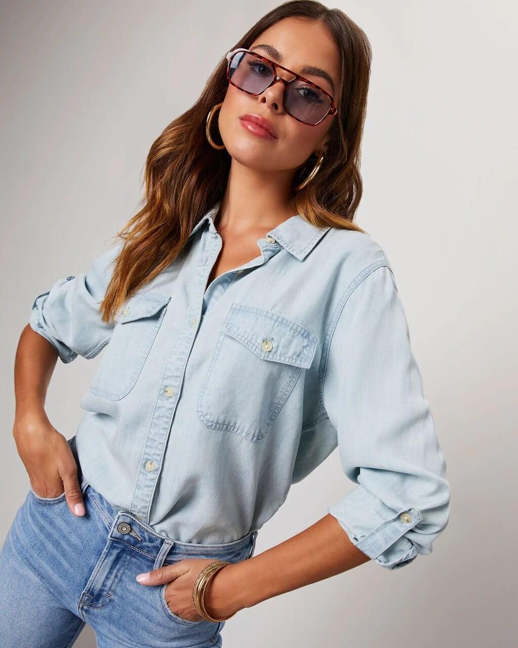 Damen - Hemd mit lockerer Passform - Denim - Lässiger Stil & Bequemer Komfort - Ideal für Alltag und Freizeit
