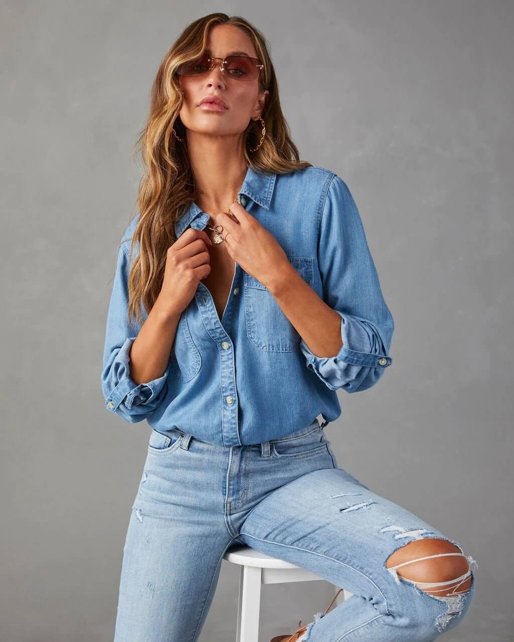 Damen - Hemd mit lockerer Passform - Denim - Lässiger Stil & Bequemer Komfort - Ideal für Alltag und Freizeit